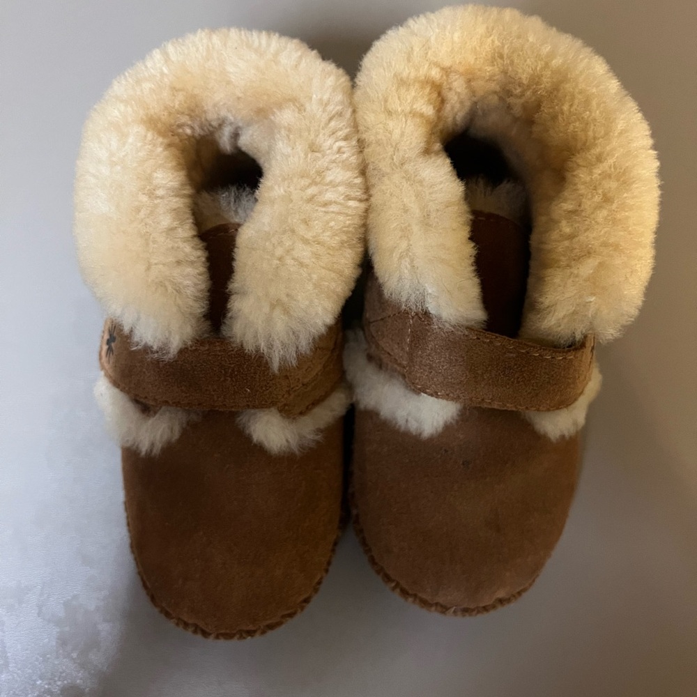 L.L. Bean Kids Brown Suede Moccasin Slippers with Cream Shearling